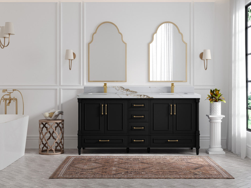 Aberdeen 72 Double Sink Bath Vanity In Black 2" Calacatta Gold