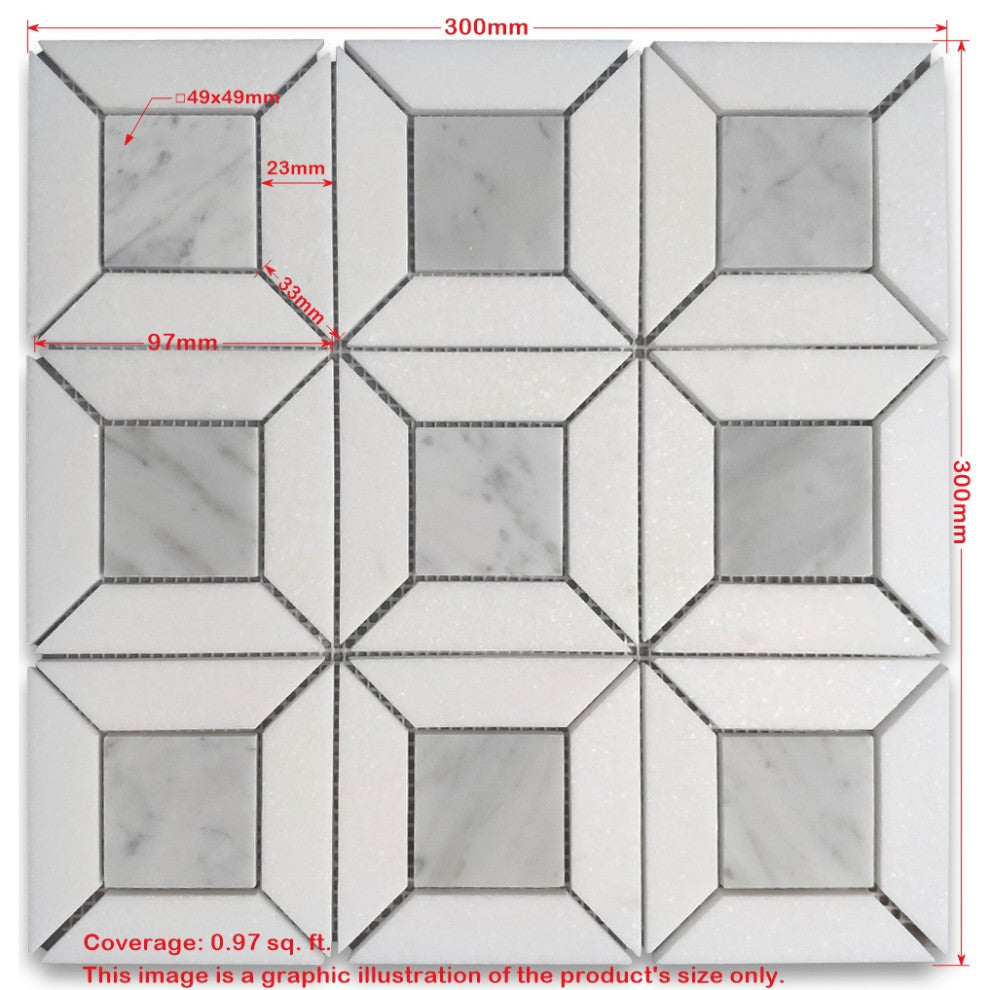 Carrara White Marble Square Doheny Mosaic Tile Thassos White Polished, 1 sheet