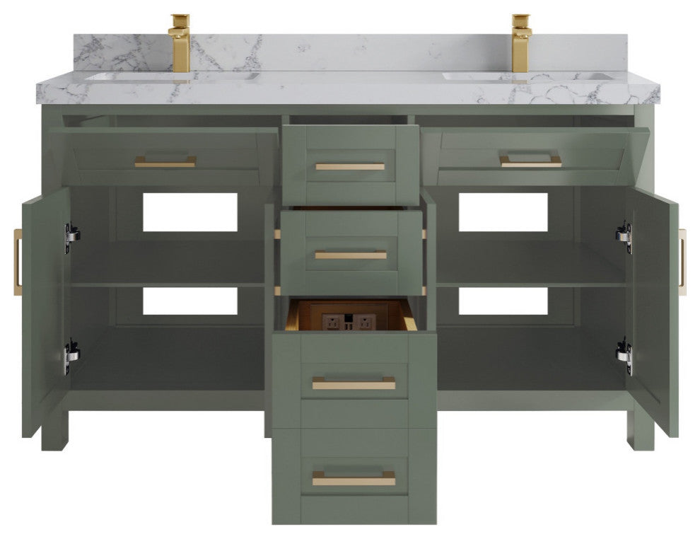 Cambridge 60" Double Bathroom Vanity in Evergreen 2" Venatino Quartz