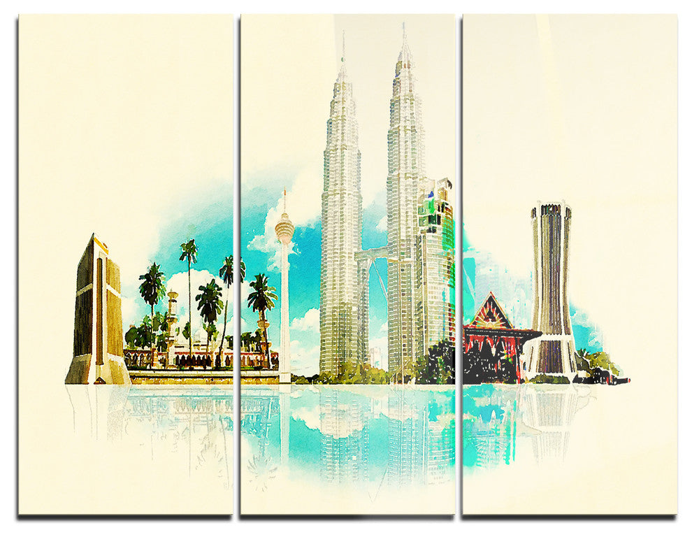 "Kuala Lumpur Panoramic View" Watercolor Metal Wall Art, 3 Panels, 36"x28"