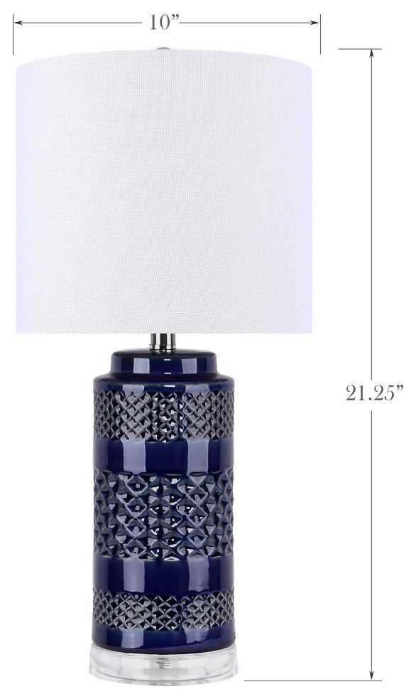 21" Navy Ceramic Table Lamp With Cylindrical Base & White Linen Shade, Set of 2