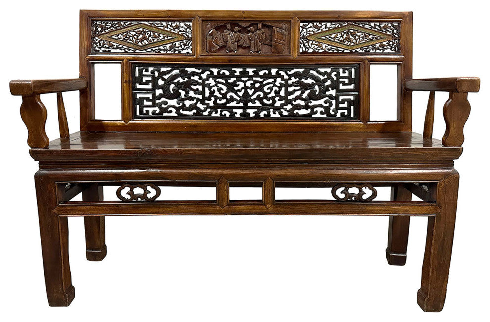 Consigned Late 19th Century Chinese Carved Hall Bench, Love Seat