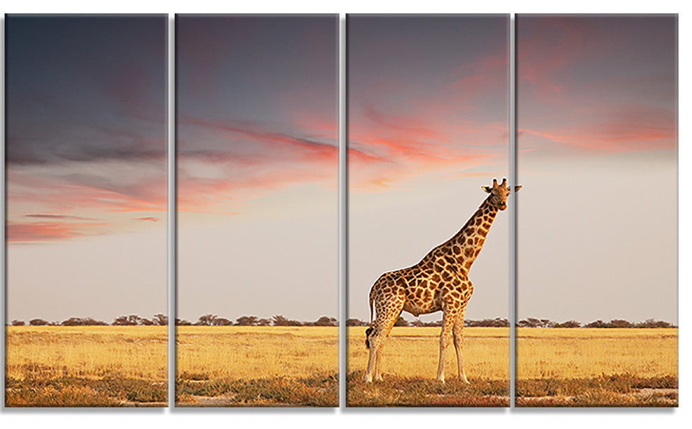 Single Giraffe in Savannah, African Canvas Art Print, 48"x28", 4 Panels