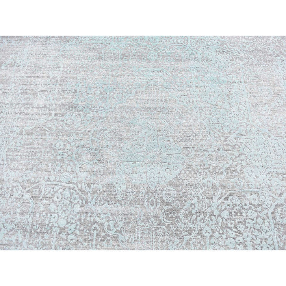 Sea Foam Green Wool and Silk Hand Knotted Broken Persian Design Rug 8'x10'