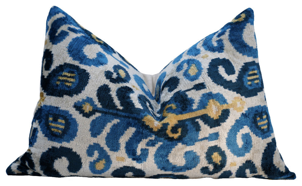 Canvello Handmade Gold Blue Velvet Throw Pillow Down Filled 16x24 in