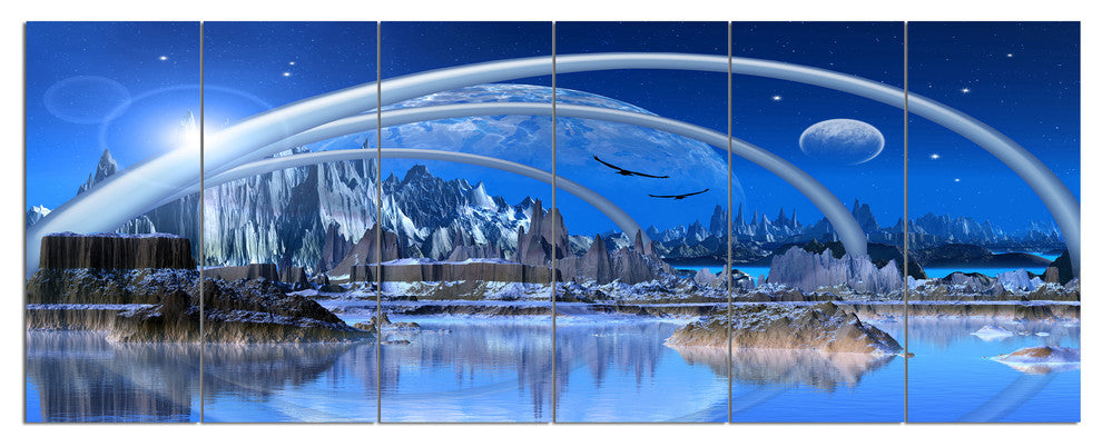 Blue Fantasy Landscape, Landscape Canvas Art Print, 70"x28", 6 Panels