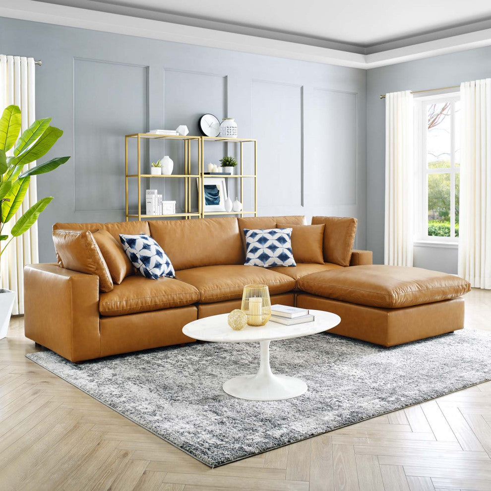 Sectional Sofa Set, Faux Vegan Leather, Tan, Modern, Living Lounge Hospitality