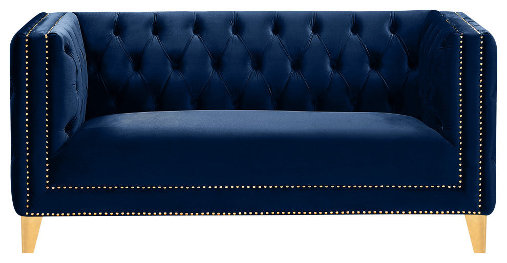 Michelle Fabric Upholstered Chair, Gold Iron Legs, Navy, Velvet, Loveseat
