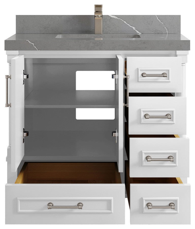 Aberdeen 36 Center Sink Bath Vanity in White 2" Piatra Gray