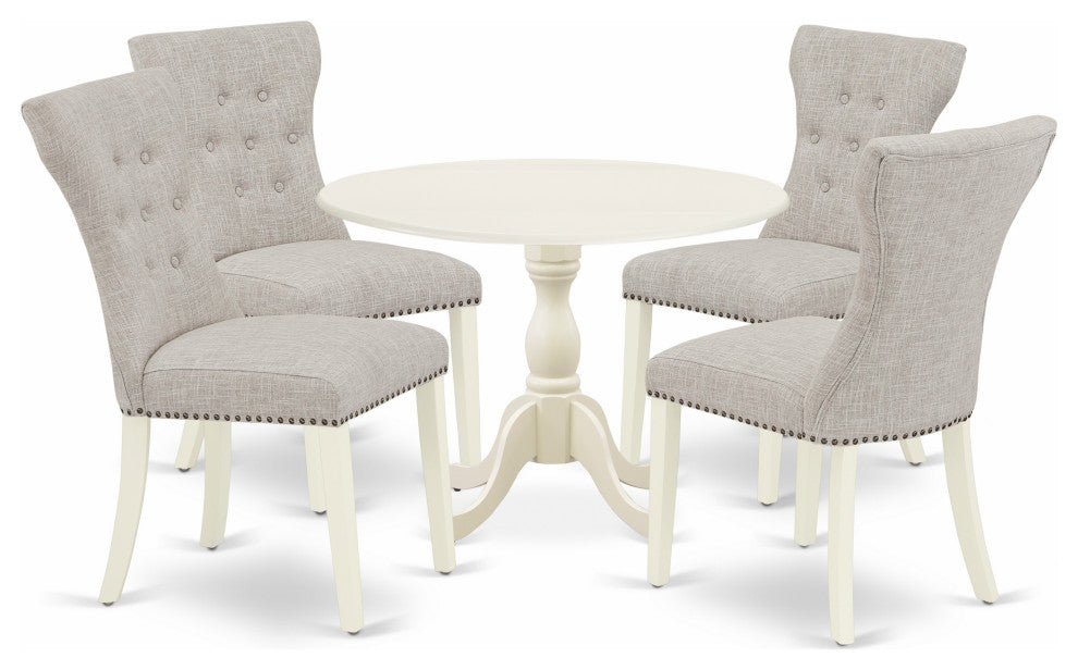 5Pc Dinning Set, 1 Drop Leaves Table, 4 Doeskin Parson Chairs Back, Linen White