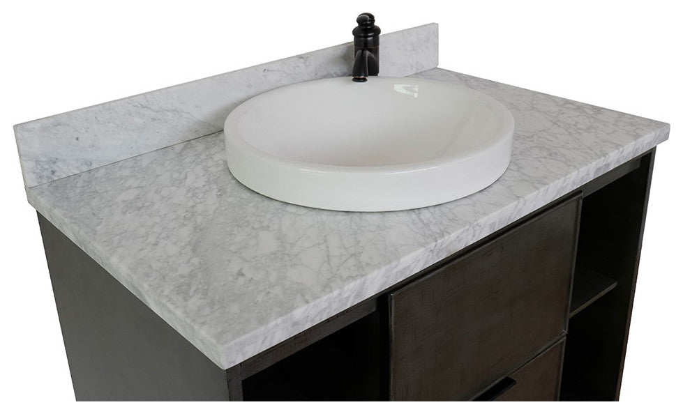 37" Single Wall Mount Vanity, Linen Gray Finish With White Carrara Top