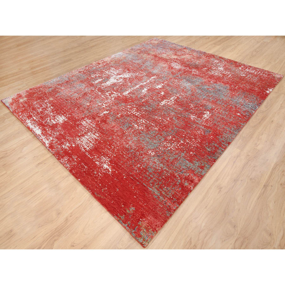 Red, Modern Design, Nepale Weave, Wool and Silk, Hand Knotted, Rug, 8'0" x 10'0"