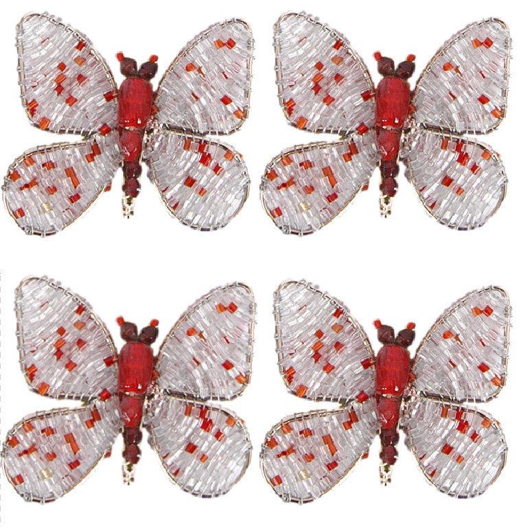 Hand Beaded Butterfly Napkin Rings, Silver and Red, Set of 4