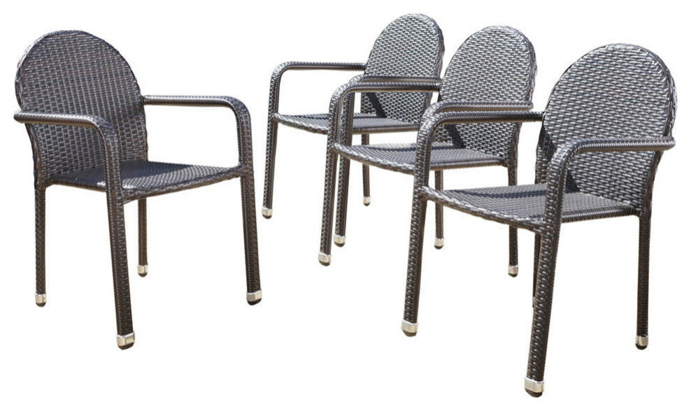 GDF Studio Angel Outdoor Wicker Armed Stack Chairs With Aluminum Frame, Set of 4