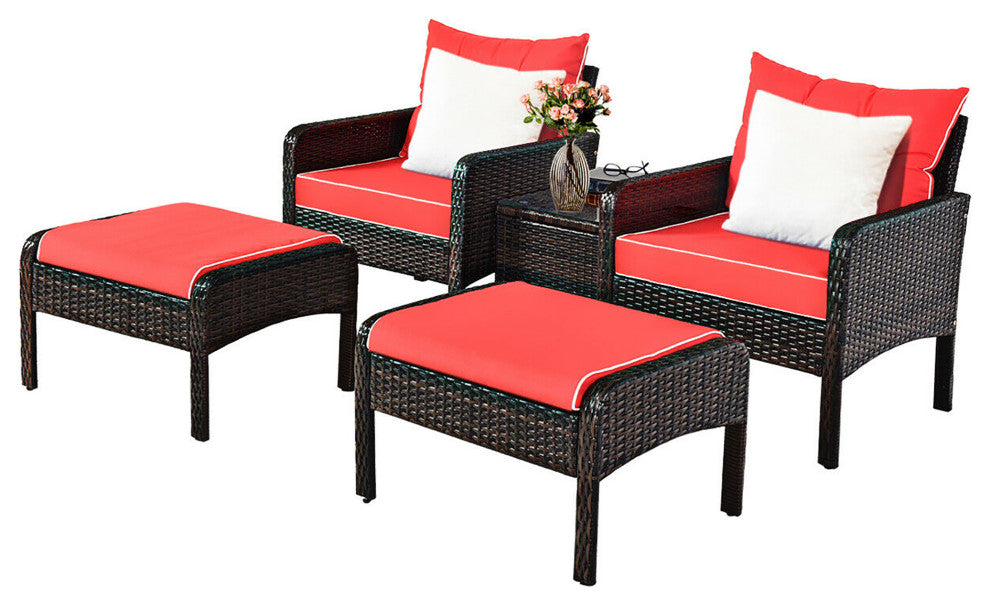 Costway 5 PCS Patio Rattan Wicker Furniture Set Sofa Ottoman W/Red Cushion Yard
