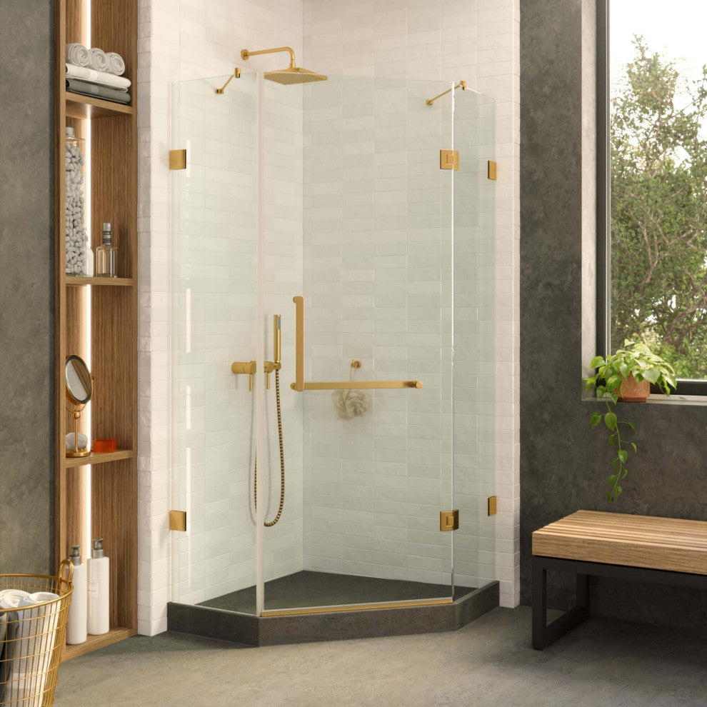 Shower Enclosure Neo Angle Frameless Tempered Glass, Satin Brass, 30" X 30"