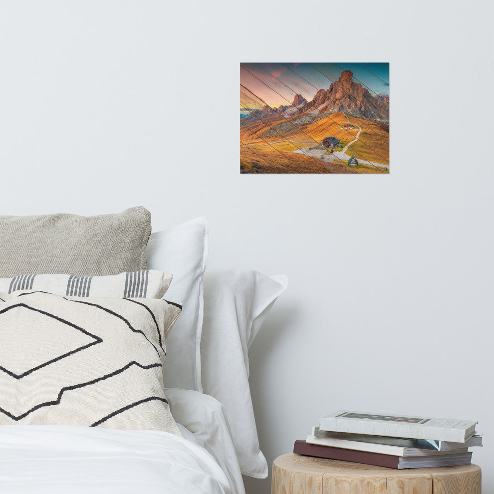 Faux Wood Majestic Sunset & Alpine Mountain Landscape Photo Wall Art Print, 12" X 16"