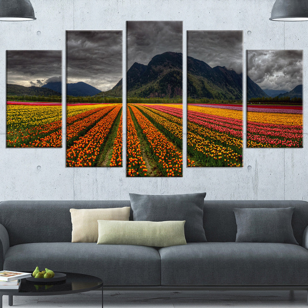 Beautiful Colored Tulips Panorama, Orange, Landscape Wall Art, 60"x32", 5 Panels