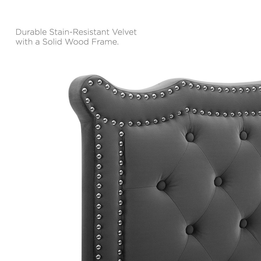 Platform Bed Frame, Nailhead, Queen Size, Charcoal Gray, Velvet, Modern