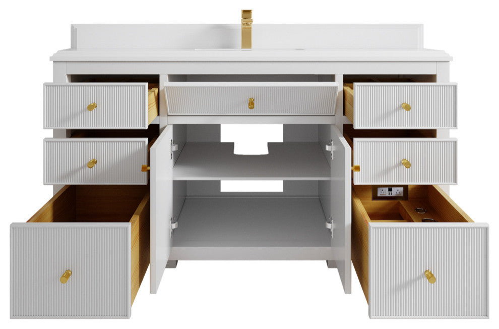 Sonoma 60 Single Sink Reeded Bathroom Vanity in White 1.5" White Quartz
