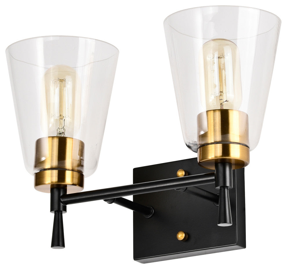 13 in. 2-Light Black and Antique Brass Vanity Light With Clear Glass Shades
