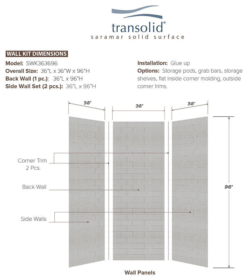 Transolid SaraMar 36"x36"x96" Glue to Wall 3-Piece Shower Wall Kit, Grey Beach