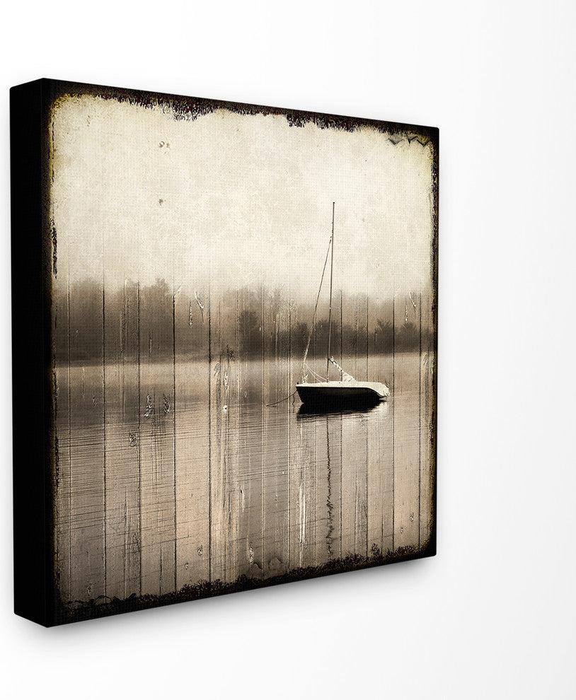 "Misty Morning Boat Vintage Planked Look" Stretched Canvas Wall Art