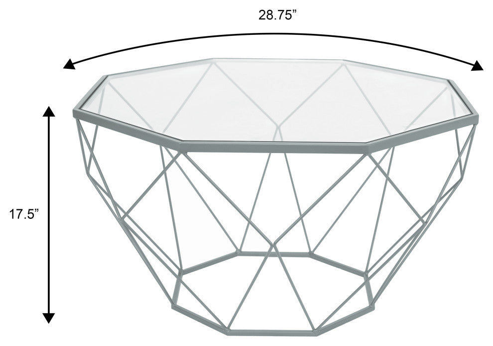 LeisureMod MD31GR Malibu Large Octagon Glass Grey Coffee Table Geometric Base