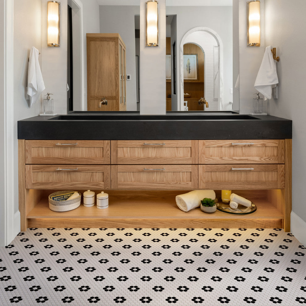 Metro 1" Hex Porcelain Mosaic Floor and Wall Tile, Glossy White With Heavy Flower