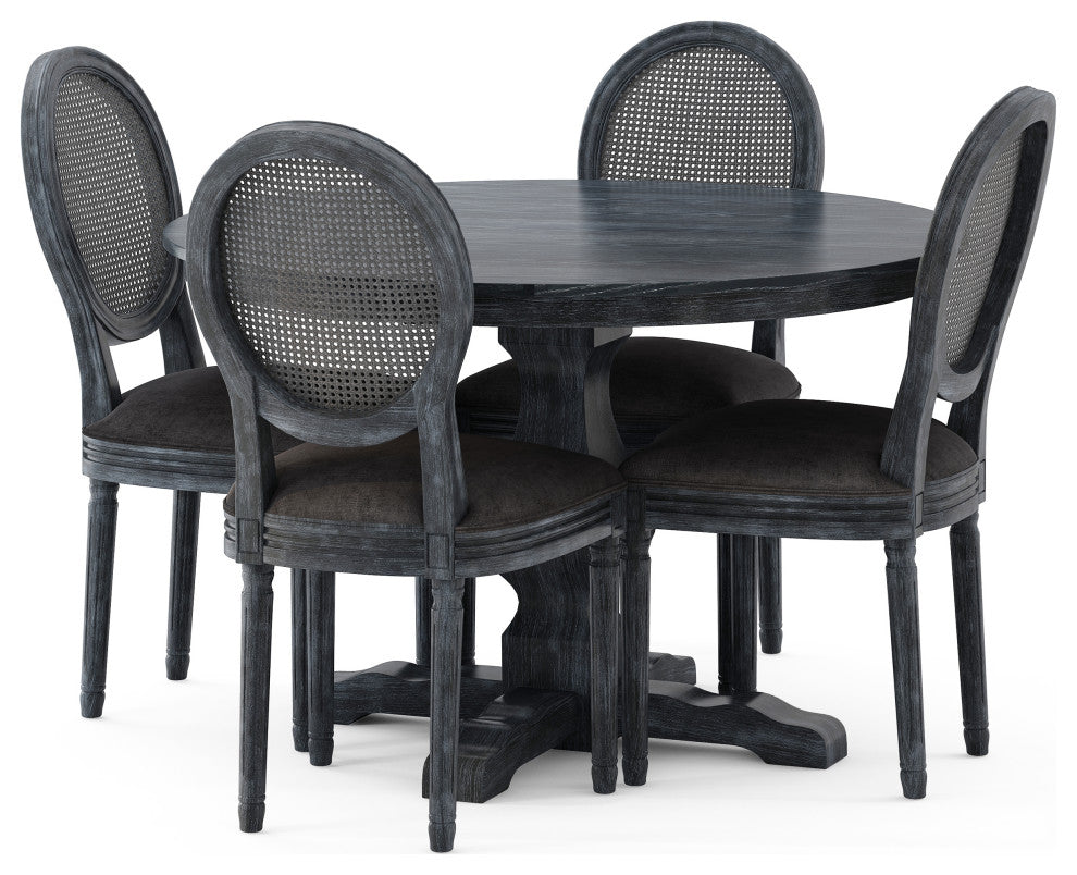 Mores French Country Upholstered Wood and Rattan 5-Piece Circular Dining Set, Gray, Fabric