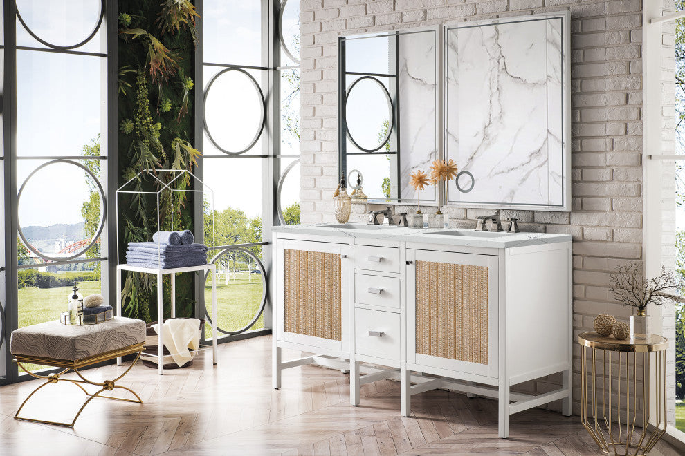 Addison 60" Double Vanity Cabinet, Glossy White, Ethereal Noctis, Three-Hole
