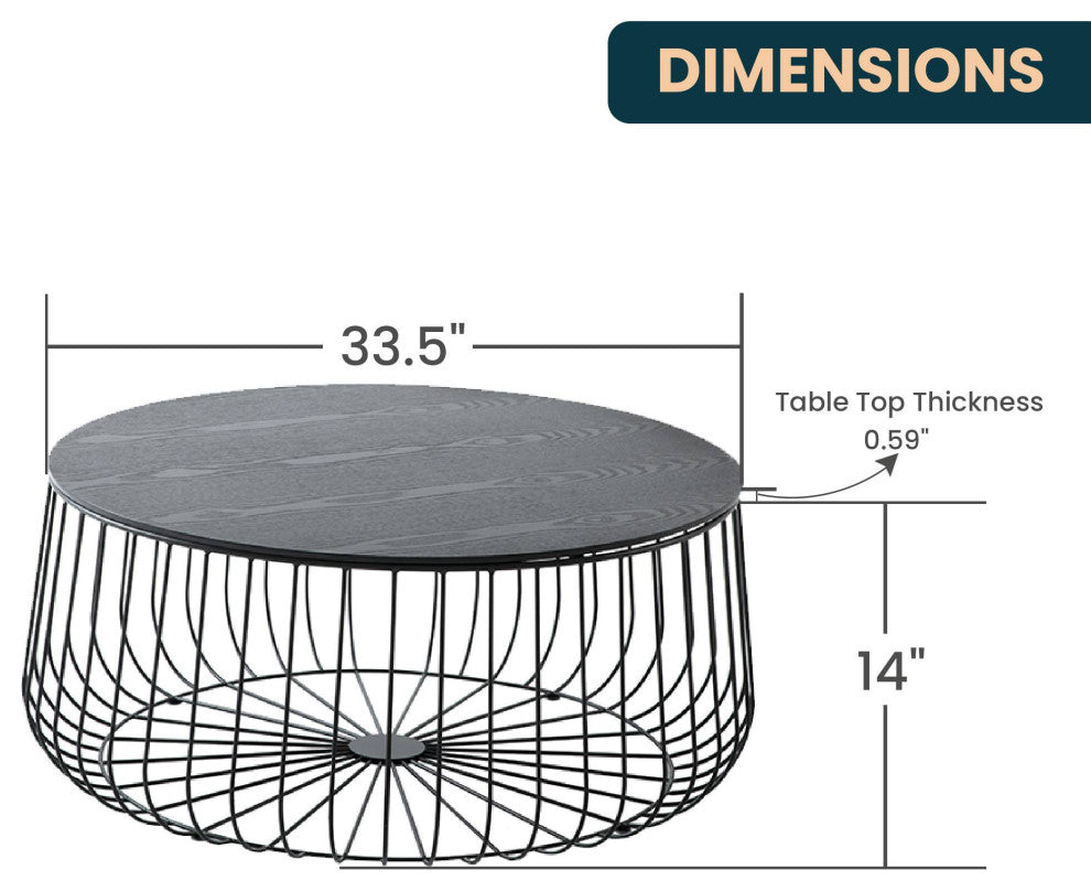 LeisureMod Runswick Round Coffee Table With Black Wire Steel Frame, Black