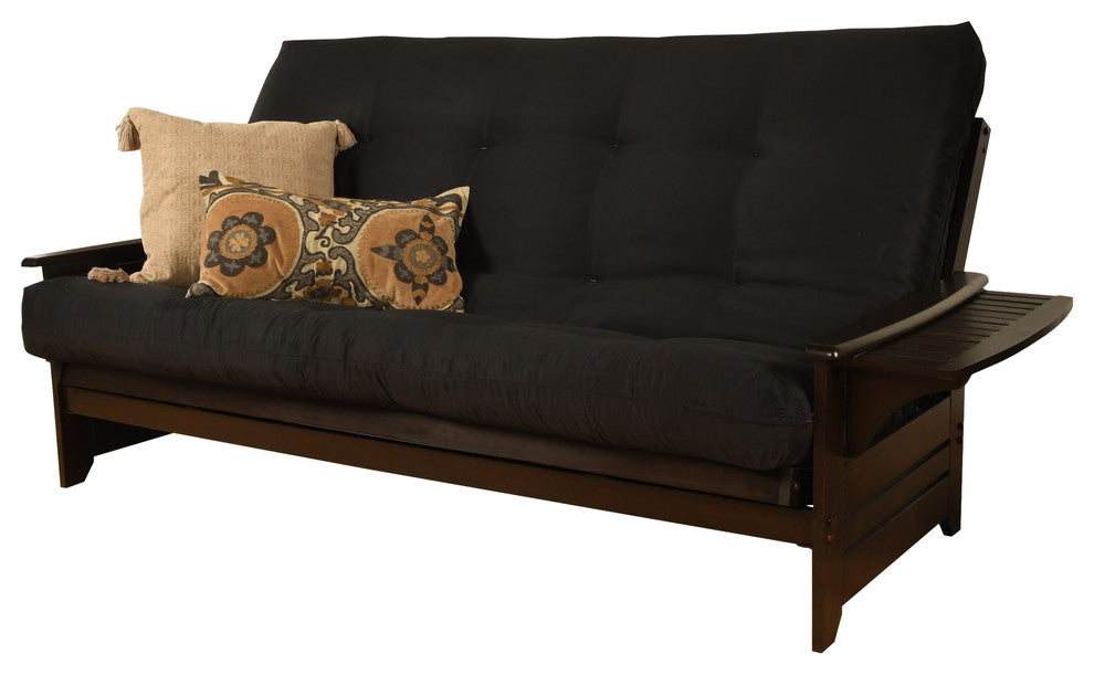 Mesa Frame Queen Futon With Espresso Finish, Espresso, Suede Black