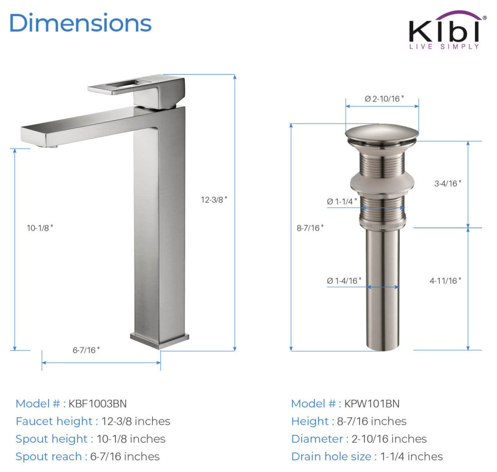 Cubic Single Handle Vessel Sink Faucet KBF1003, Brush Nickel, W/ Drain