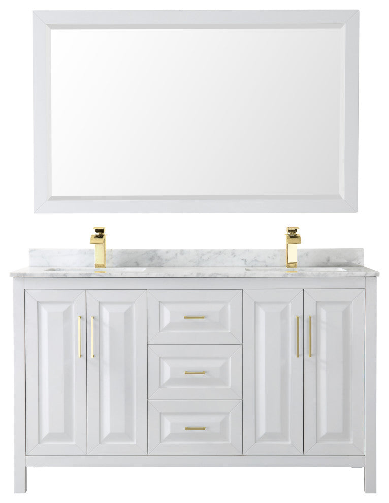 60"DBL Bath Vanity White, Carrara Countertop, Sinks, 58" Mirror, Gold Trim