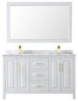 60"DBL Bath Vanity White, Carrara Countertop, Sinks, 58" Mirror, Gold Trim