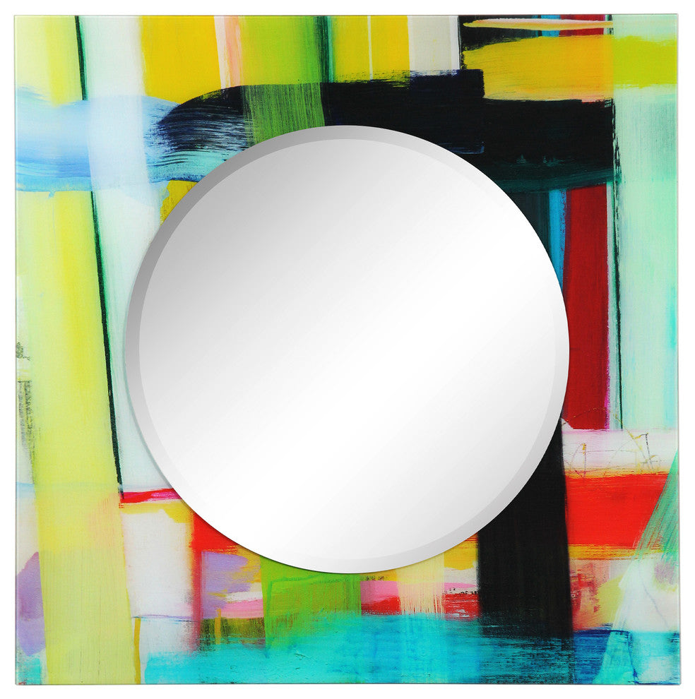 "Shine" Square Beveled Wall Mirror on Floating Printed Tempered Art Glass