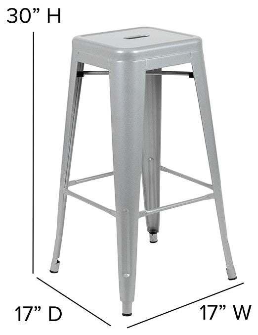 30" Metal Indoor Bar Stool, Stackable Set of 4, Silver
