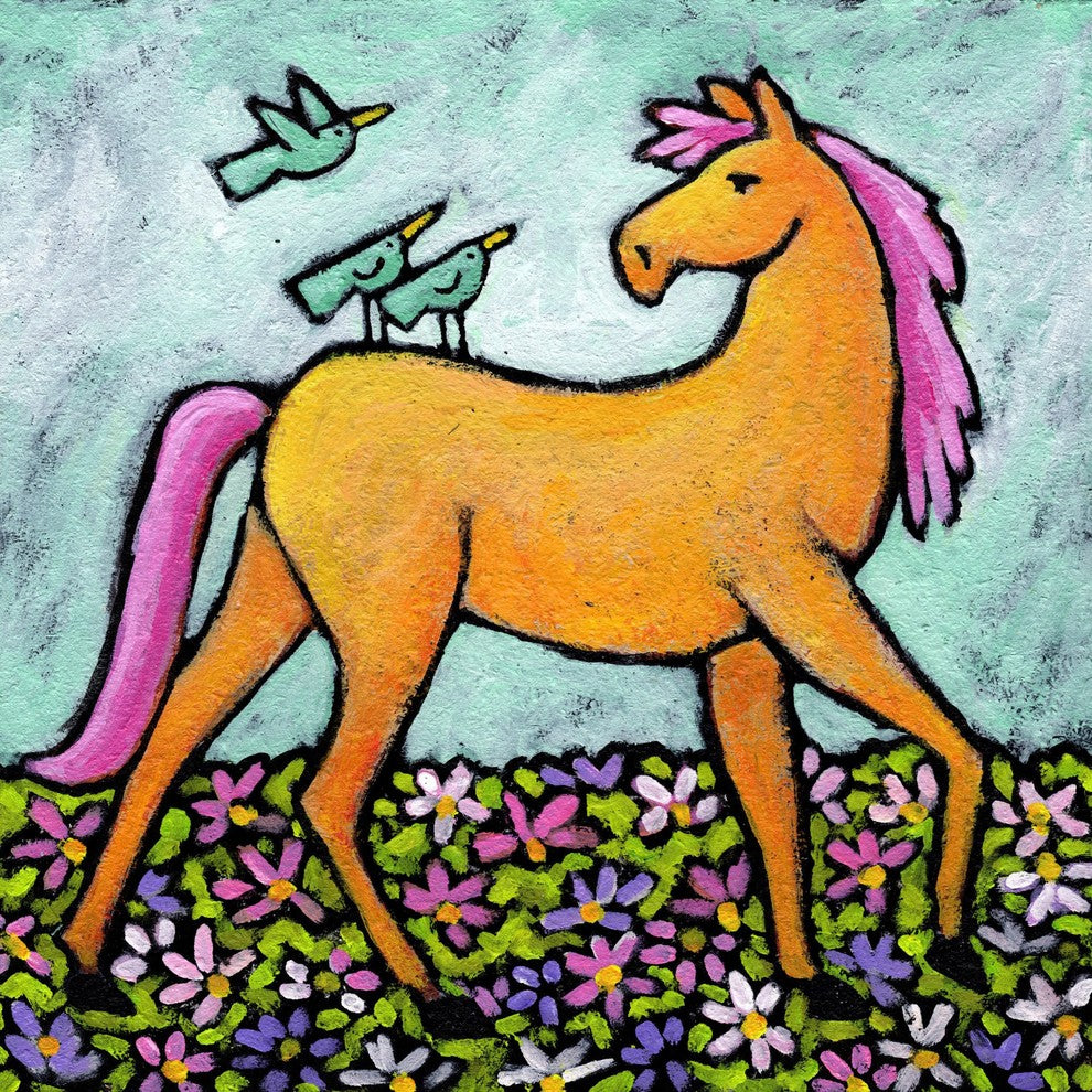 "Bluebirds on Yellow Horse" by Janet Nelson Painting on Wrapped Canvas, 48x48