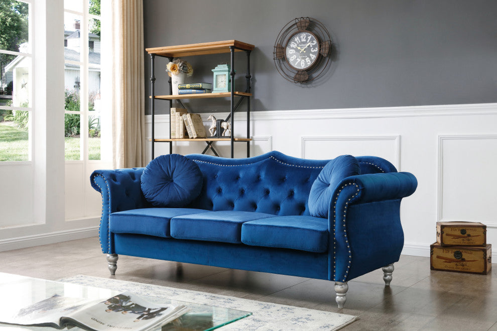 Hollywood Velvet Tufted Sofa, Navy Blue