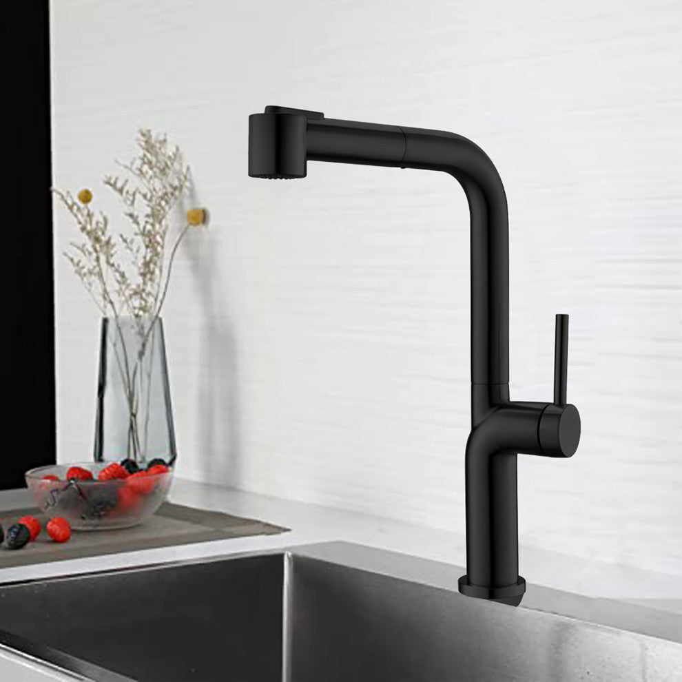 Single Handle Deck Mounted High Arc Pull Out Kitchen Faucet, Matte Black