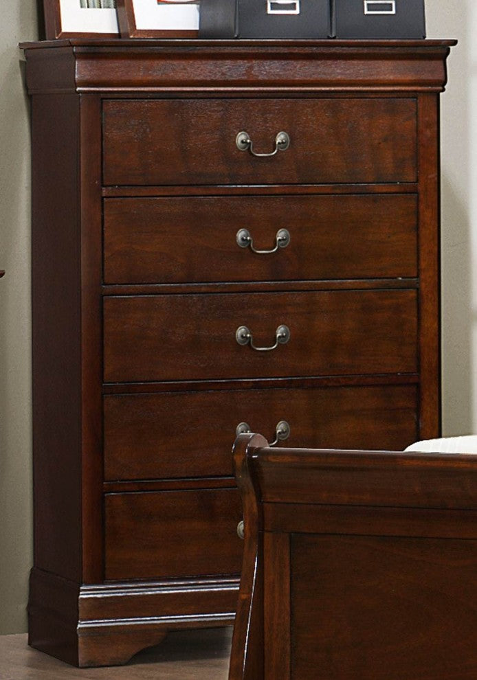 Benzara BM181935 5 Drawer Wooden Chest With Metal Hardware, Cherry Brown