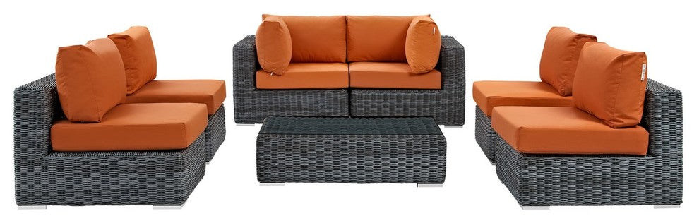 Modern Contemporary Outdoor Patio 7-Piece Sectional Sofa Set, Orange, Rattan
