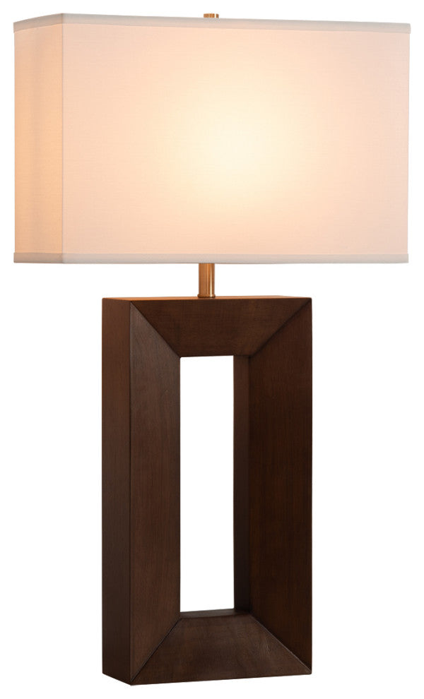 Julie Standing Table Lamp, White Linen Shade, Dark Walnut Wood Finish, Weathered Brass