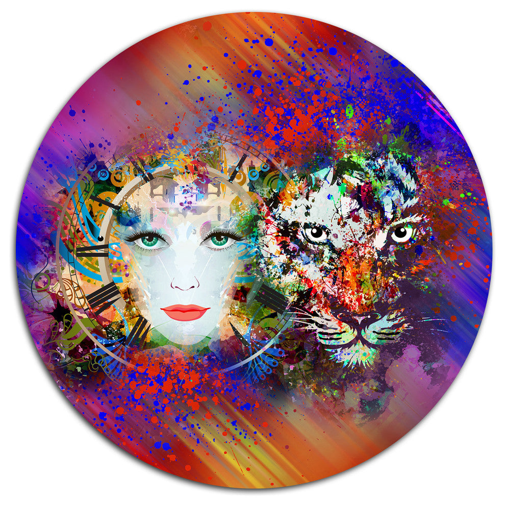 Colorful Tiger And Woman Face, Abstract Disc Metal Artwork, 36"