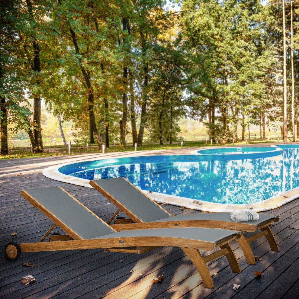 Teak Wood Bahama Pool Lounger With Batyline Mesh, Grey