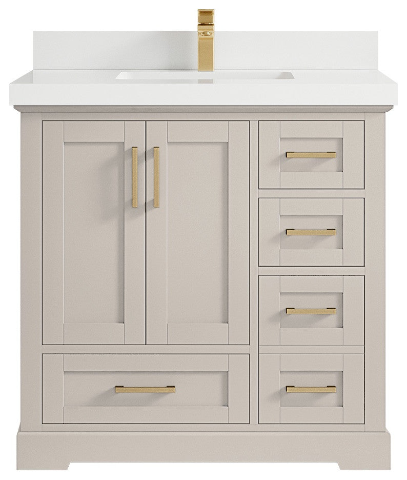 Boston 36" Center Sink Bath Vanity in Fine Grain 2" White Quartz