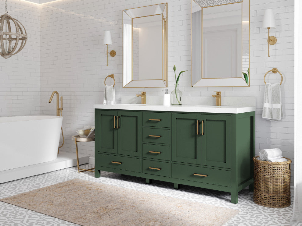 Malibu 72 Double Sink Bath Vanity in Lafayette Green 2" Carrara Quartz