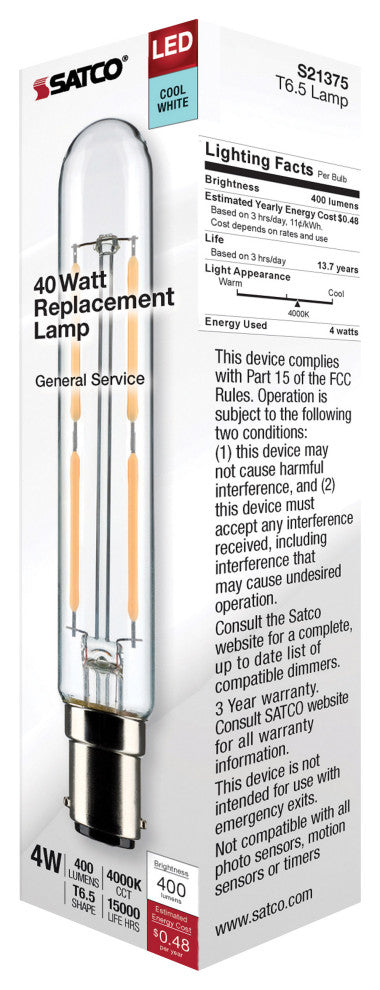 4W T6.5 LED, Clear, Double Contact Bayonet Base, 4000K, 400 Lumens, 120V