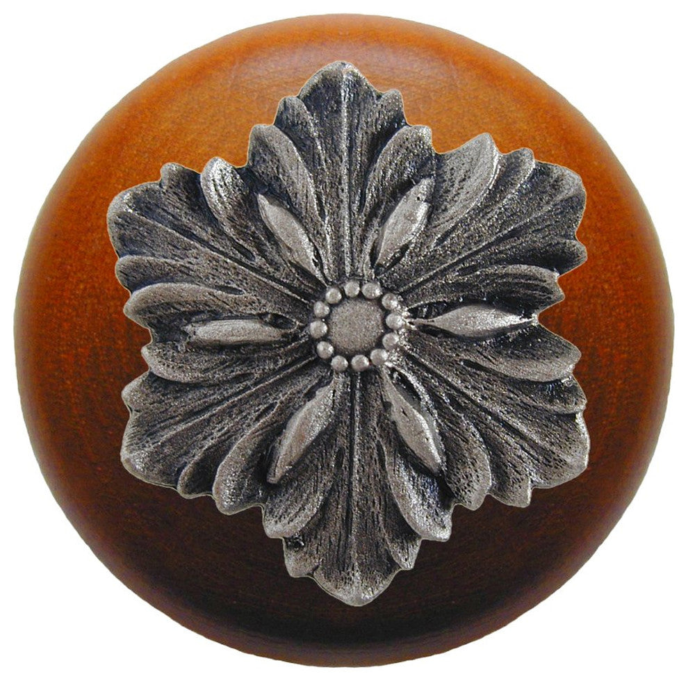 Opulent Flower Wood Knob, Antique Brass, Cherry Wood Finish, Satin Nickel